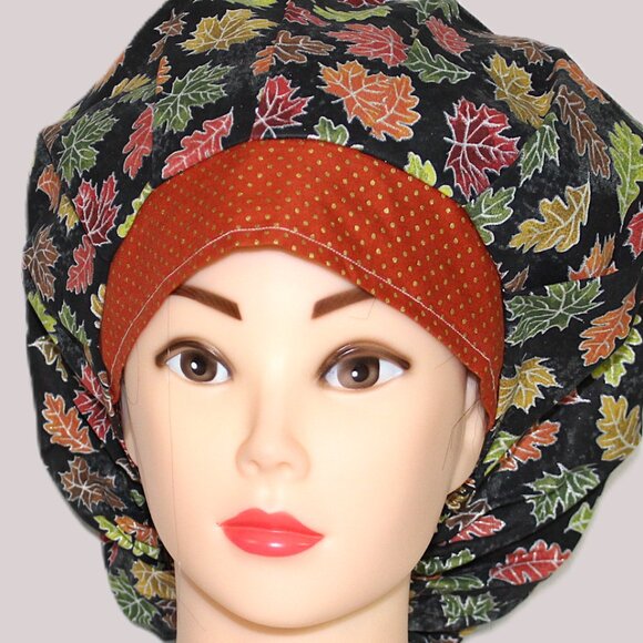 Womens Autumn Leaves Sparkle Bouffant Scrub Cap, Handmade NWOT - Picture 3 of 8
